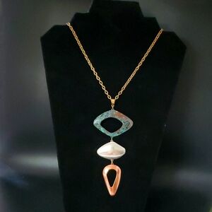 Ballet metal Matinee length necklace in teal silver & brass